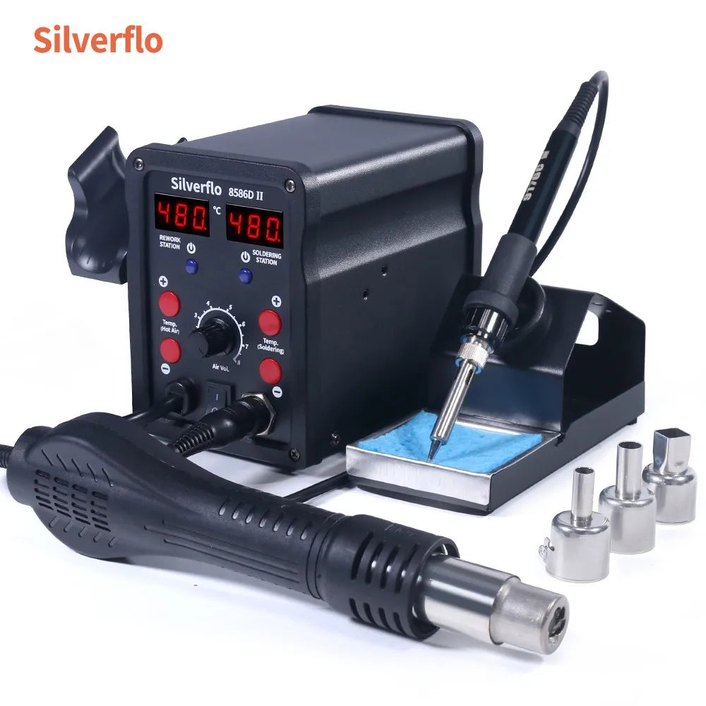 Silverflo  Soldering Station 8586D Soldering Iron Hot Air Rework Welding Station with Sleep mode For BGA PCB IC SMD Repair