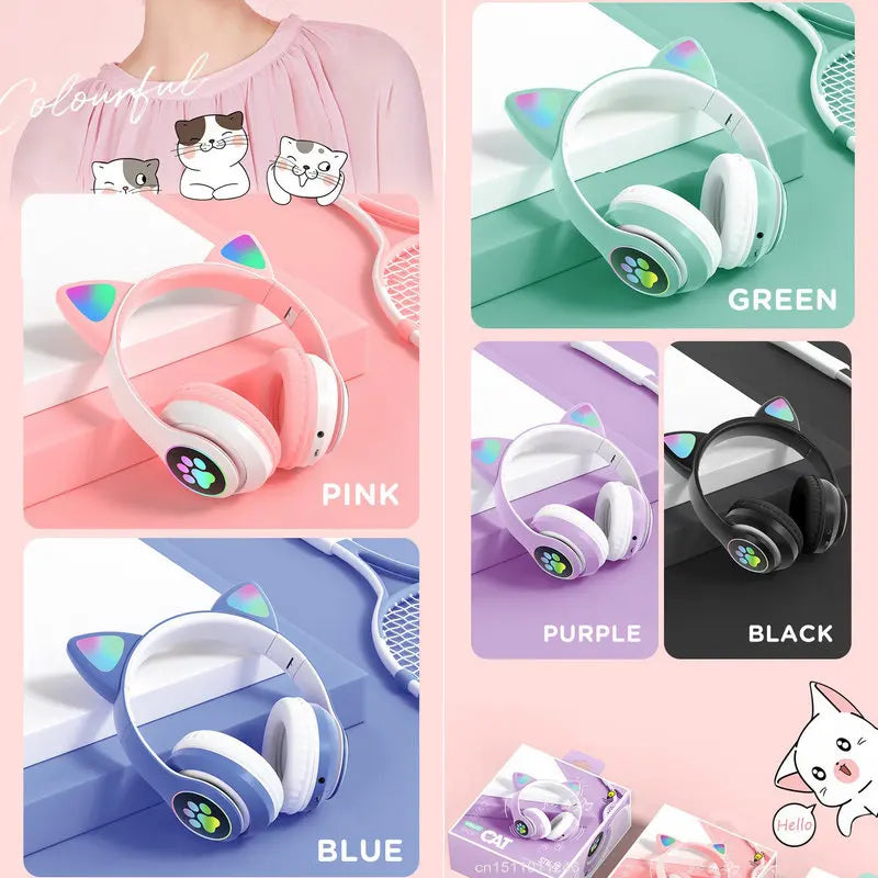 Flash Light Cat Ears Headphones Wireless With MIC Control LED Kid Girl Stereo Cute Music Helmet Bluetooth Phone Headset Earphone