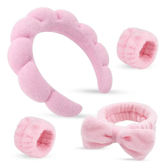 4PCS Wash Face Headbands For Women Puffy Sponge Hair Bands Cuff Waterproof Bands Absorbent Wristbands Women Hair Accessories Set