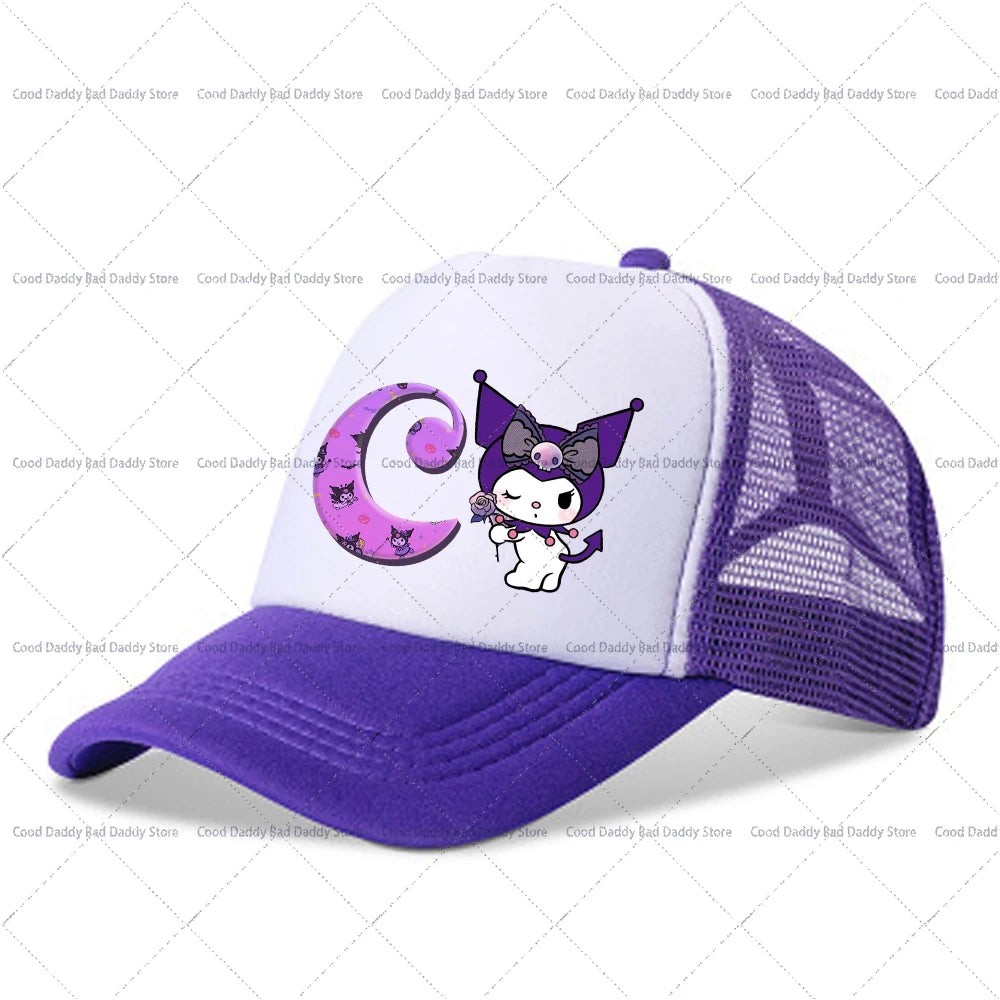 Kuromi A-Z Letter Printed Baseball Caps Adult Kids Purple Hats Summer Casquette Sanrio Y2K Graphic Beanies Kawaii Accessories