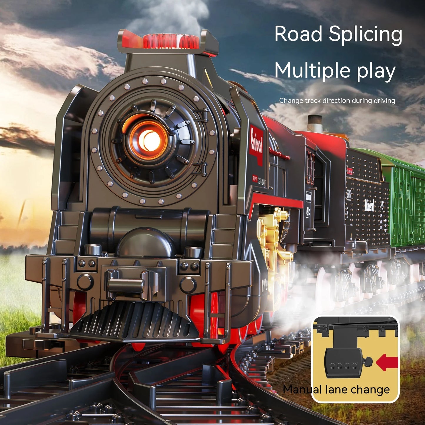 Retro Steam Train Track Suit Simulation Electric Spray Light Small Train Model Boy Gift Train Toy