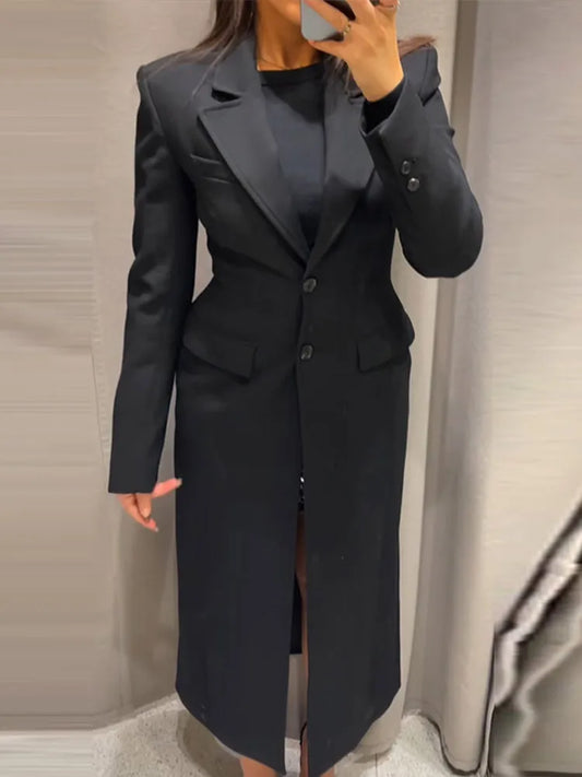 Fashion Office Lady Blazer Jacket Shoulder Pad Long Sleeve Lapel Female Coat 2025 Spring Button Pocket Lady Commuting Outwear