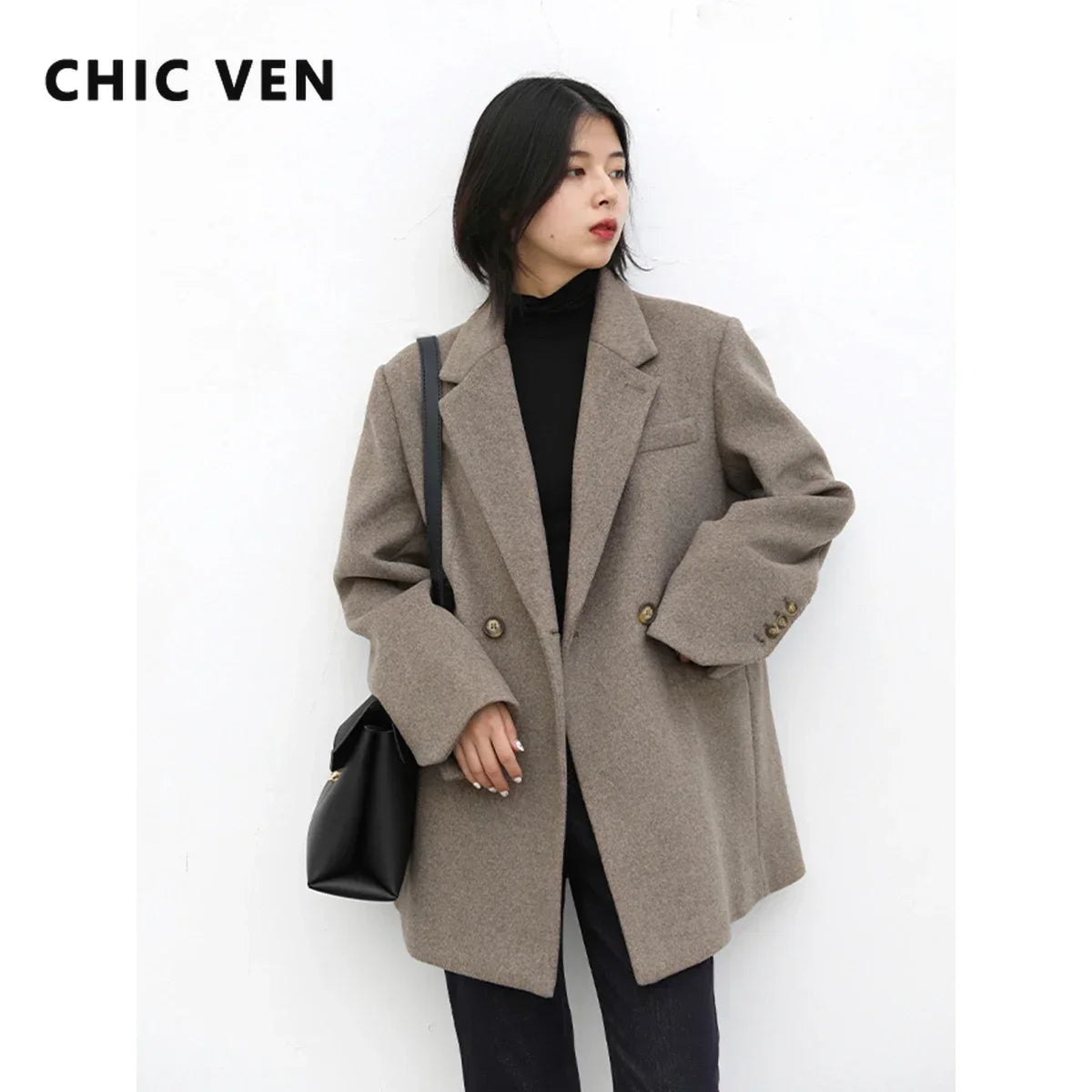 CHIC VEN Autumn Winter Women Coats Wool Blend All-match Mid-length Blazer Women's Woolen Overcoat Female Fashion Clothing 2023