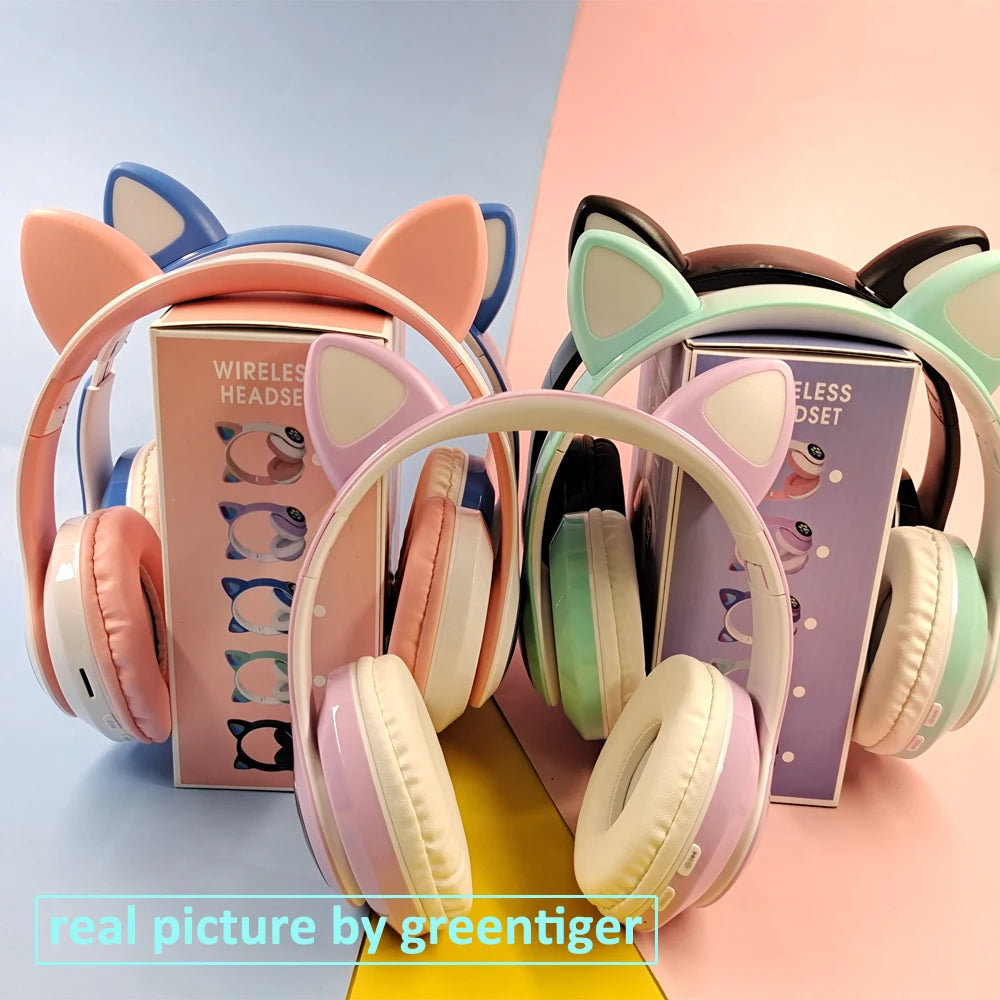 Flash Light Cat Ears Headphones Wireless With MIC Control LED Kid Girl Stereo Cute Music Helmet Bluetooth Phone Headset Earphone