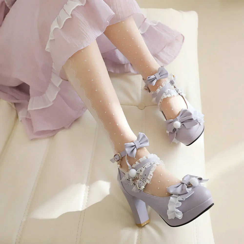 Pink Plush Ball Lace Bow High Heels, Purple Cute Girly Platforms Vintage Style Aesthetic Shoes Sissy ABDL Princess Cosplay Pumps