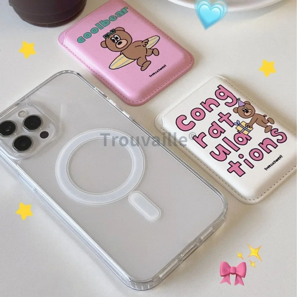 Trouvaille Magnetic Card Holder for Magsafe Phone Case Cute Korea Bear PU Macsafe Pink Girl for iPhone Accessoriess Samsung