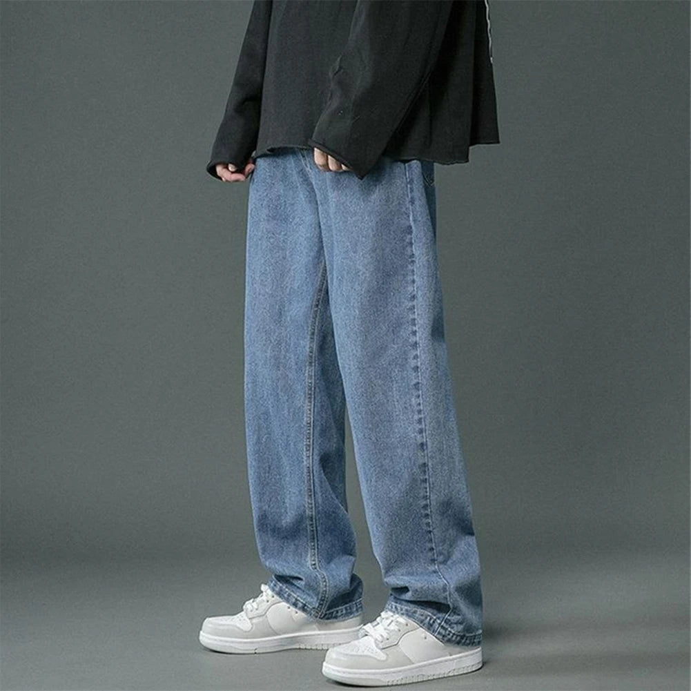 Korean Mens Hip Hop Long Baggy Jeans Straight Wide Leg Pants Soft Streetwear Trousers Men New Hong Kong Style Solid Color Trendy