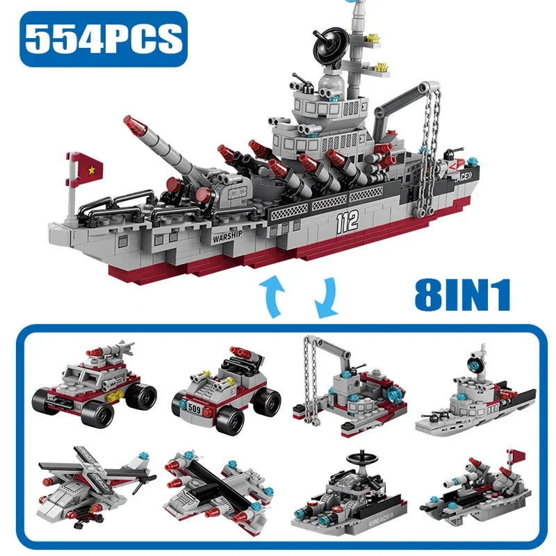 Military Ship Army Ocean Cruiser Warship Building Blocks Aircraft Weapon Ship Bricks City Toys for Children Boy Christmas Gift