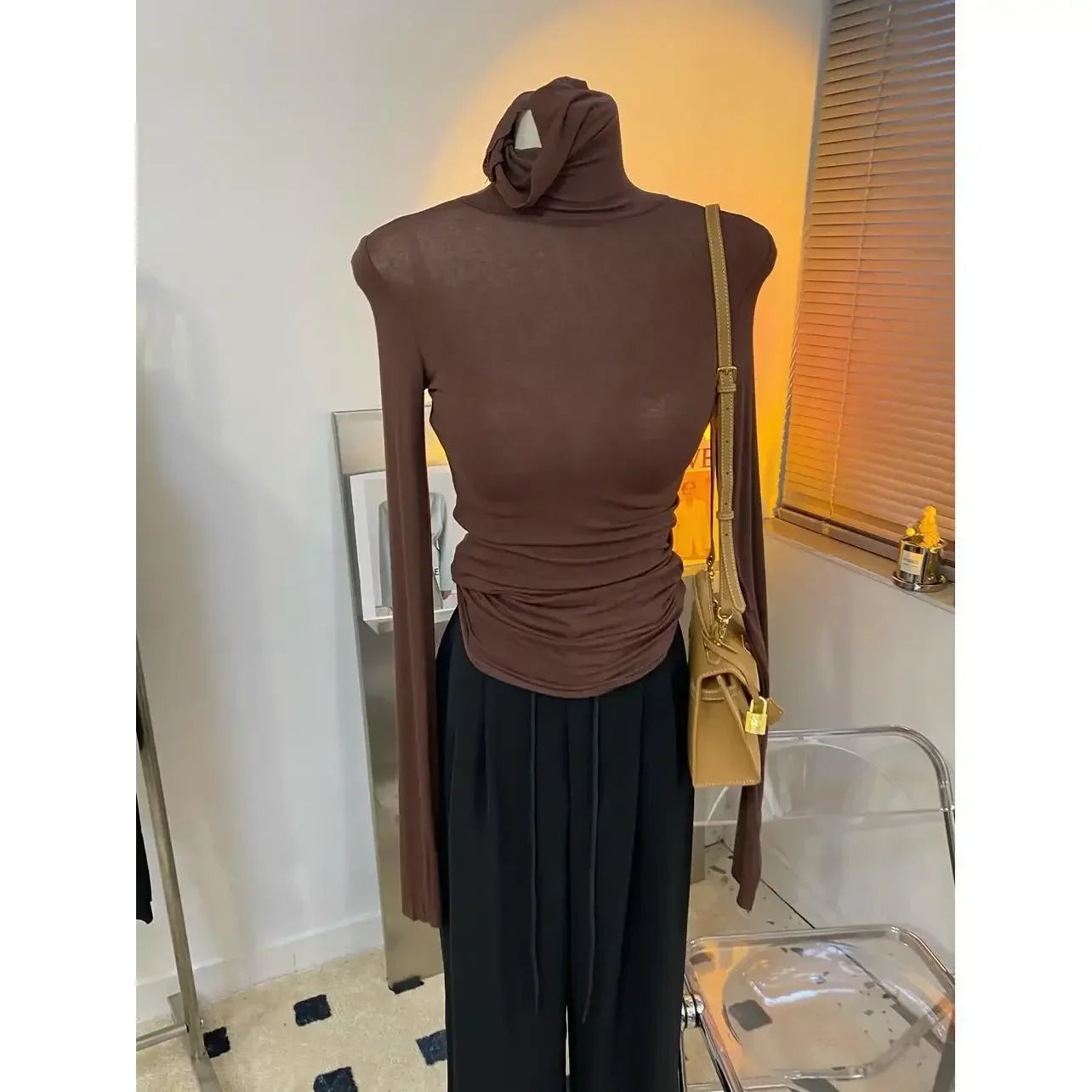 Wholesale High Strecth Thin Top Basic Slim Microtransparent T Shirts Turtleneck Long Sleeve Solid Women Pile Collar T Shirt