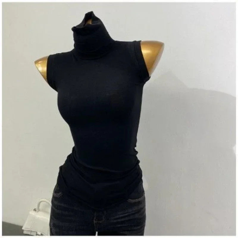 Wholesale New Base Slim T Shirts Women New Summer Crop Top Turtleneck High Strecth Sleeveless Basic Simple Skinny Solid T Shirt