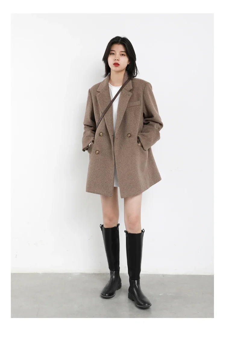 CHIC VEN Autumn Winter Women Coats Wool Blend All-match Mid-length Blazer Women's Woolen Overcoat Female Fashion Clothing 2023