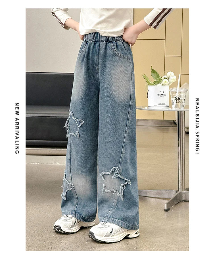 School Girl Star Design Jeans Trouser Teens Casual Loose Jeans for Girls Elastic Waist Fashion Kids Straight Fit Pants 5 To 14 Y