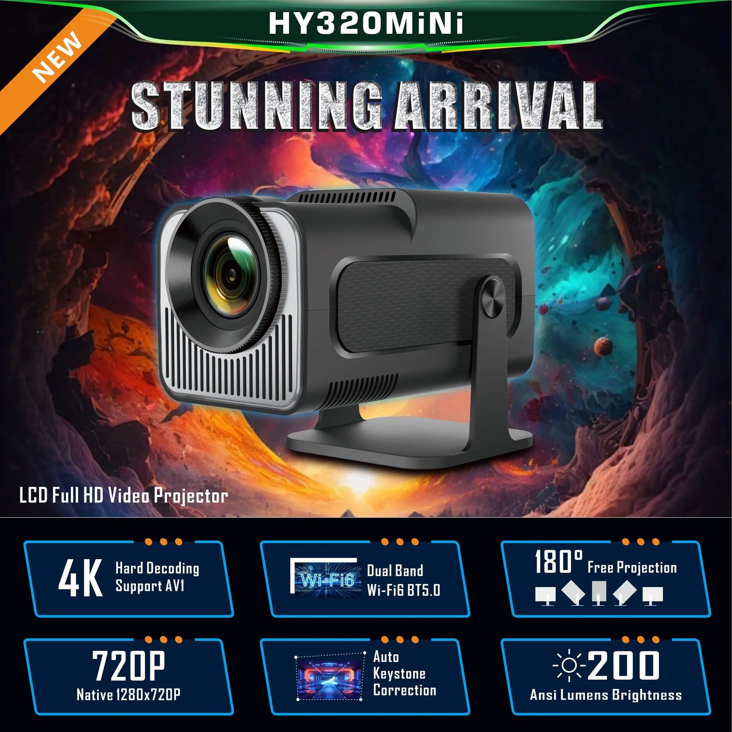 HY320Mini Projector Salange Portable 4K 8K Video Support Native 720P Cinema Outdoor Android 11 Beam Projetor Upgraded Version