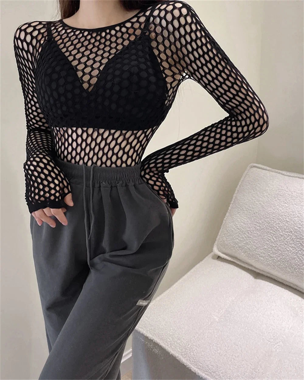 Gothic Sexy Black Fishnet Mesh See Through T-Shirt Women Skinny Goth Hollow Out Long Sleeve Shirts Crop Top Tee Shirt Streetwear