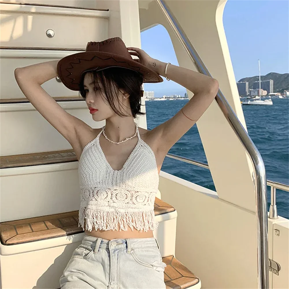 Sexy Hollow Out Underwear Women Summer Beach Short Tank Top Women Sweet Knitted Bra Tassel Women Short Top Debardeur Femme