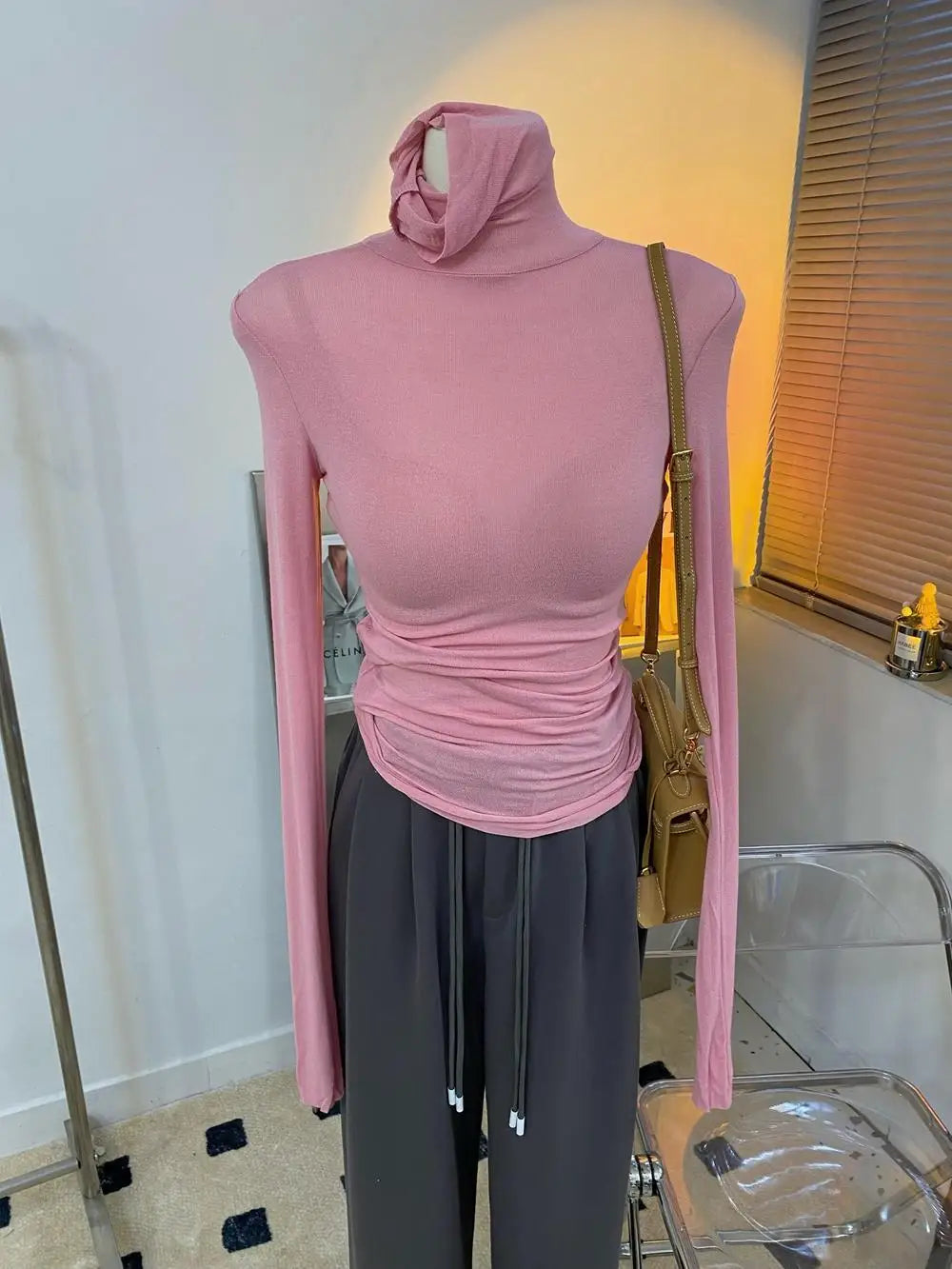 Wholesale High Strecth Thin Top Basic Slim Microtransparent T Shirts Turtleneck Long Sleeve Solid Women Pile Collar T Shirt