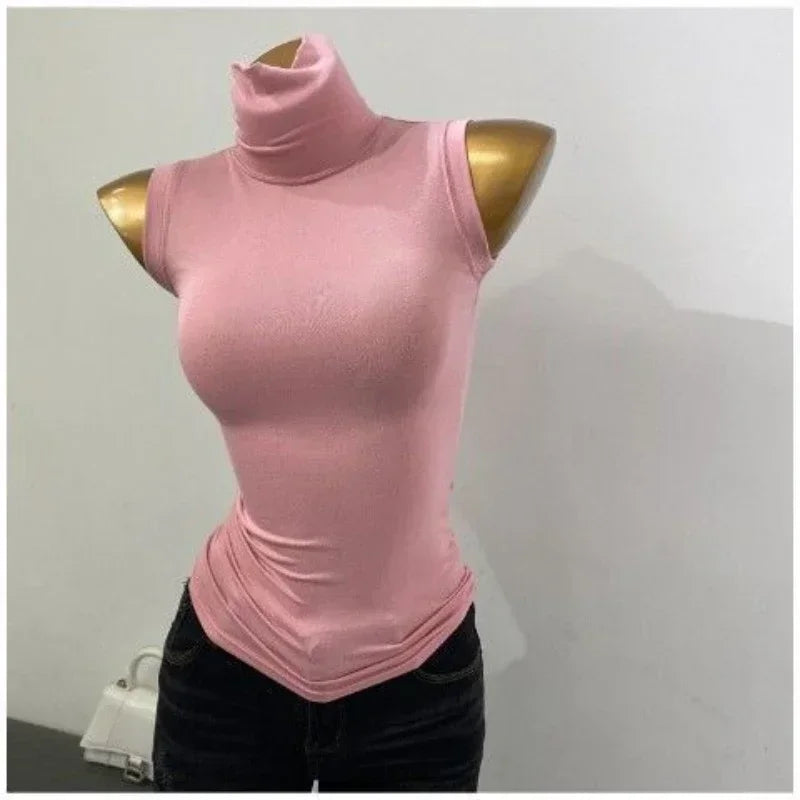 Wholesale New Base Slim T Shirts Women New Summer Crop Top Turtleneck High Strecth Sleeveless Basic Simple Skinny Solid T Shirt