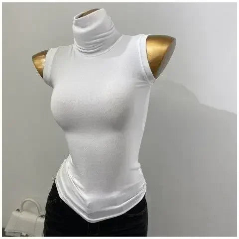 Wholesale New Base Slim T Shirts Women New Summer Crop Top Turtleneck High Strecth Sleeveless Basic Simple Skinny Solid T Shirt