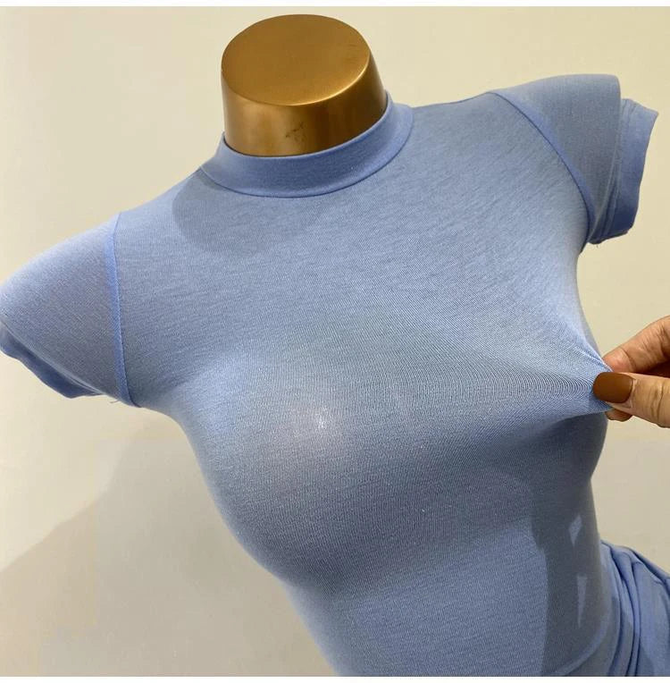 Half-high Collar T-shirt korean Transparent Short-sleeved Slim-fit Elastic Solid Inner Bottoming Shirt Sexy Big Chest T-shirt