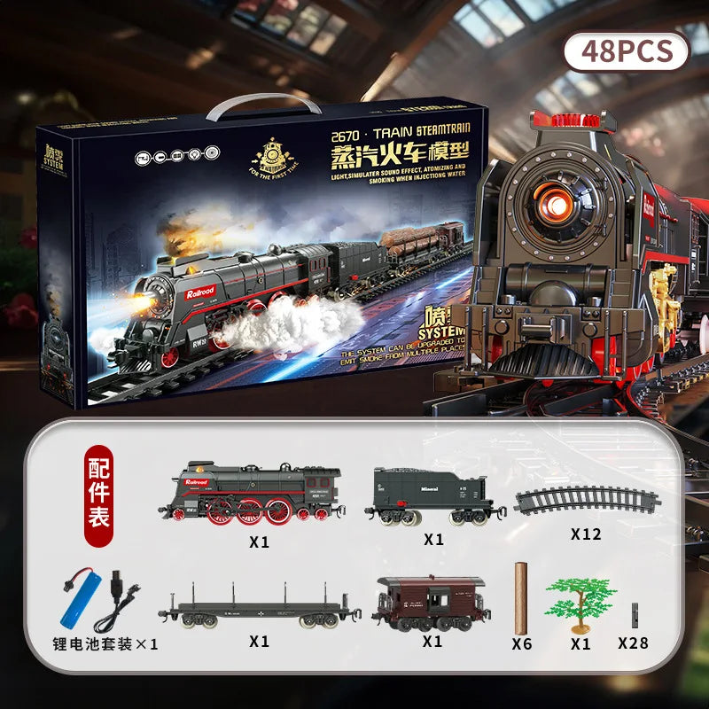 Retro Steam Train Track Suit Simulation Electric Spray Light Small Train Model Boy Gift Train Toy