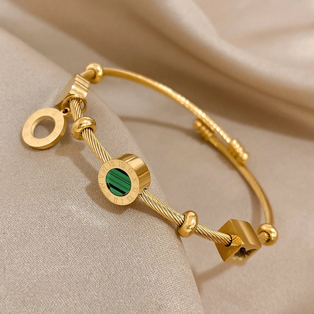 Flashbuy Trendy Chic Green Zircon Stainless Steel Bangle Bracelets for Women Charm Texture Simple Gold Color Accessories