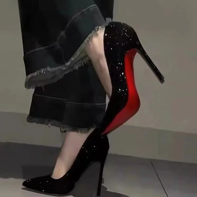 Black Crystal Fashion Pointed Toe Women's High Heels Mature Banquet Red Bottom Women's Shoes Hot Sale