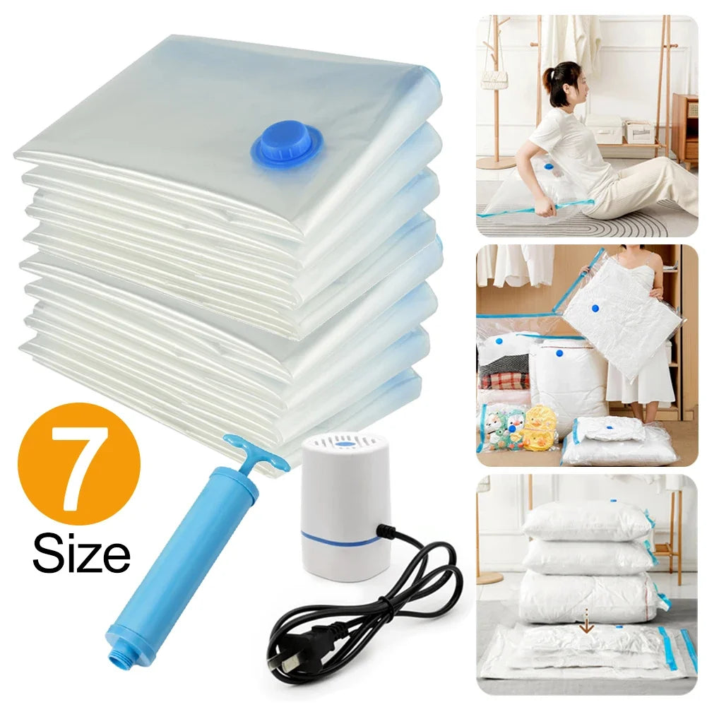 7 Sizes Reusable Vacuum Bags with Pump Cover Vacuum Compression Sealer Bag Space Saving for Clothes Storing Large Container