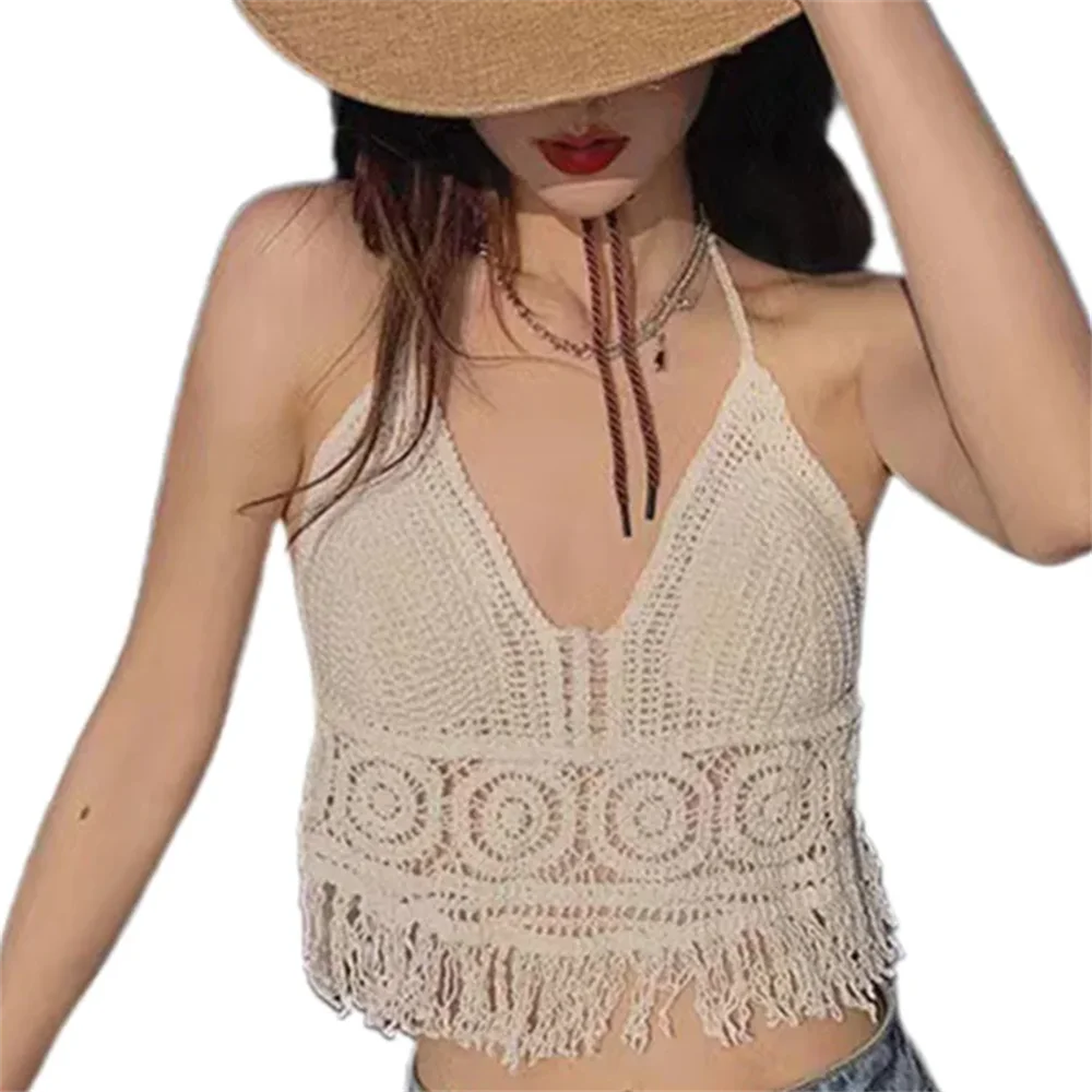 Sexy Hollow Out Underwear Women Summer Beach Short Tank Top Women Sweet Knitted Bra Tassel Women Short Top Debardeur Femme