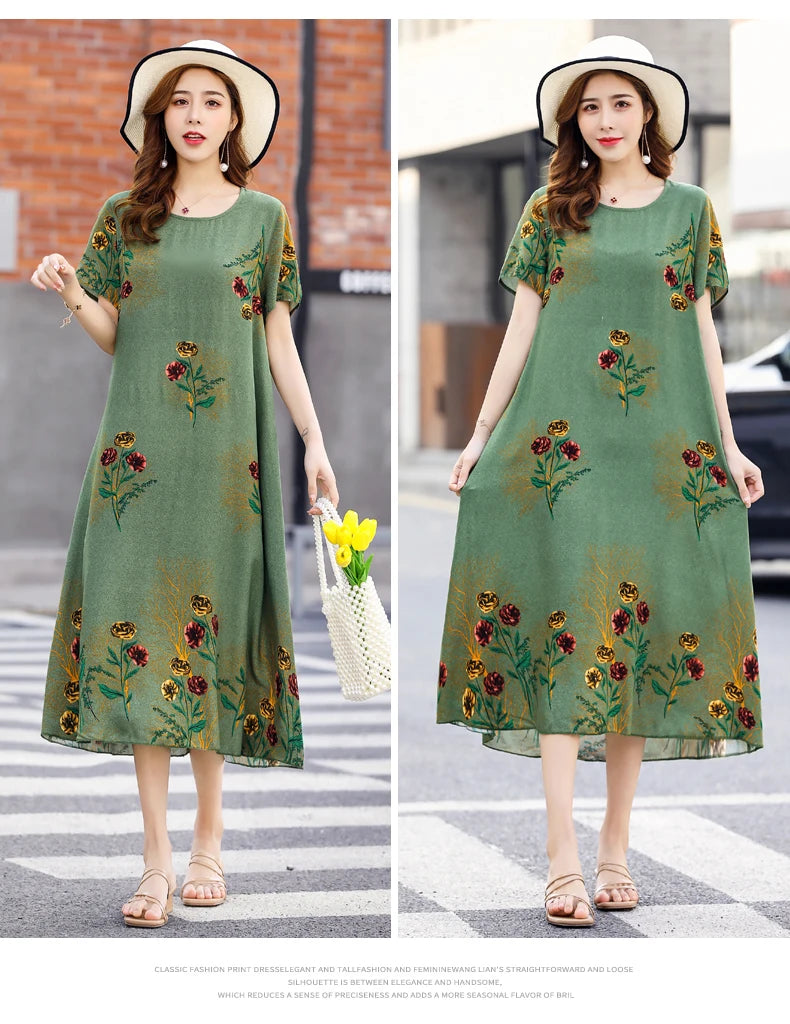 New Fashion 2024 Summer Dress For Long Vintage Loose Women Elegant Short Sleeve Casual O-neck Dresses Print Woman Clothing